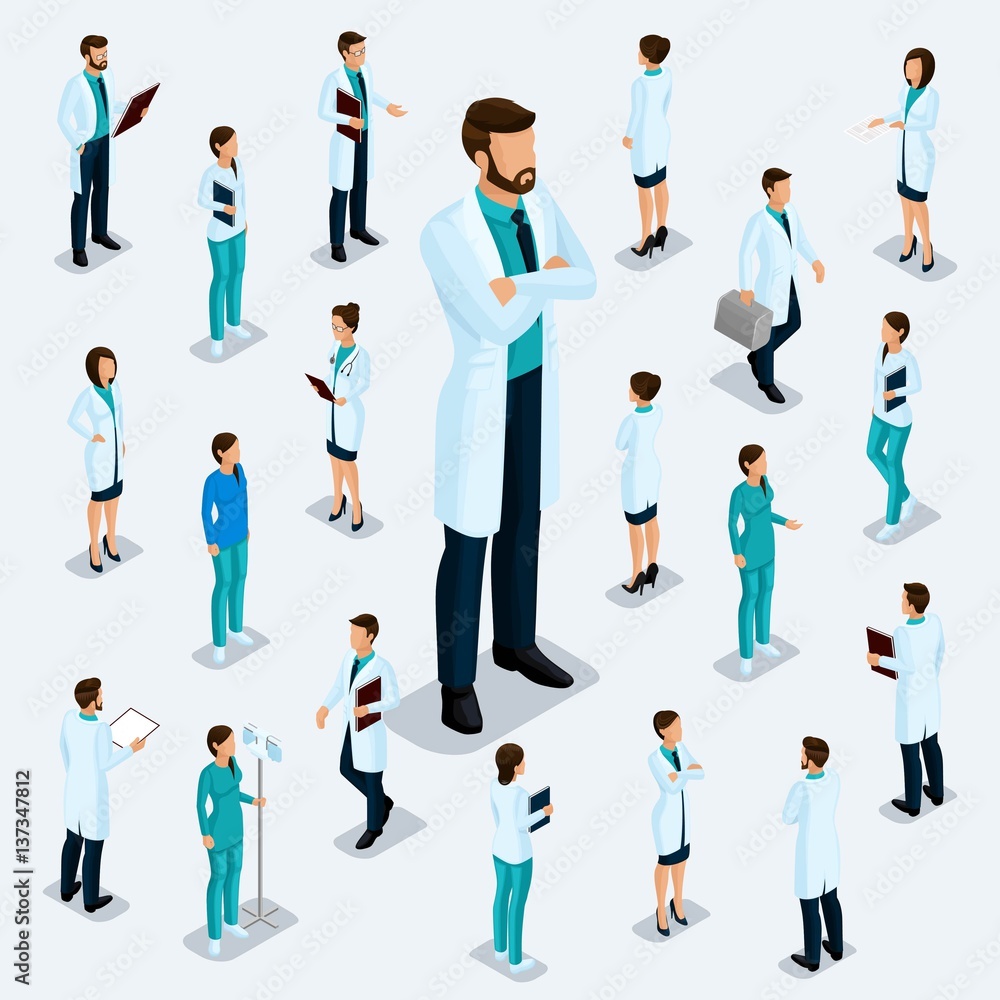 Trendy isometric people. Medical staff, hospital, doctor, nurse, surgeon. People for the front view of the visas, standing position isolated on a light background 4