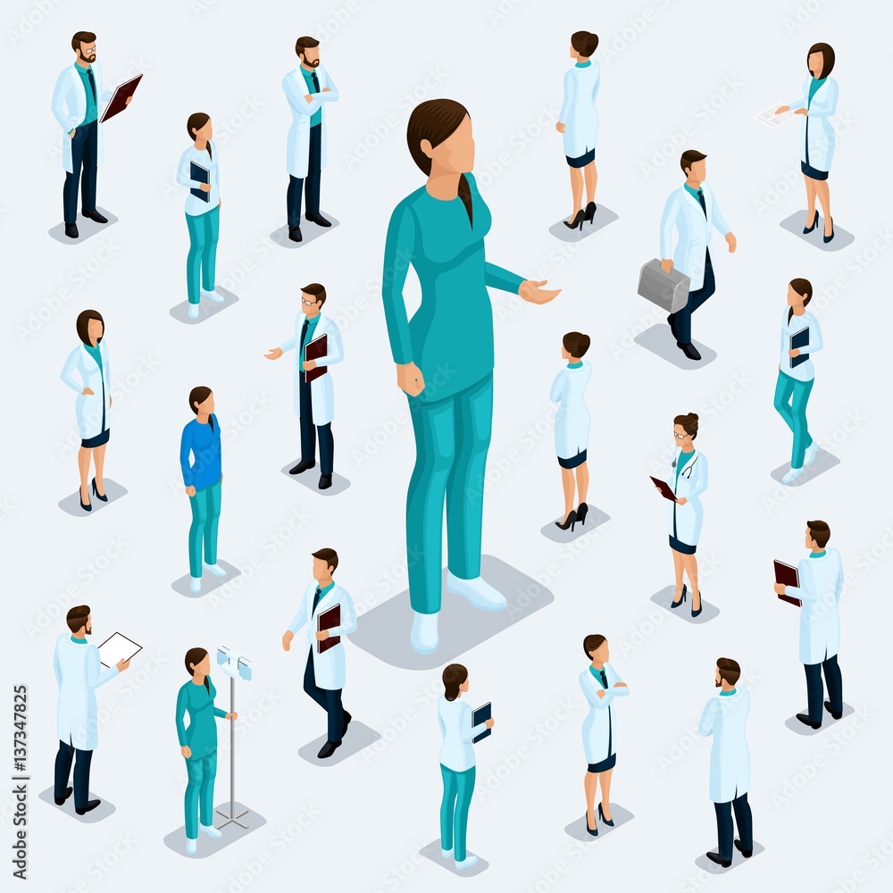 Trendy isometric people. Medical staff, hospital, doctor, surgeon. Most nurse, People for the front view of the visas, standing position isolated on a light background. Set 1