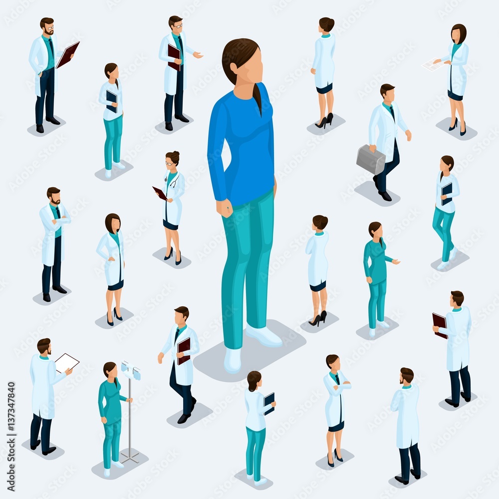 Trendy isometric people. Medical staff, hospital, doctor, surgeon. People for the front view of the visas, standing position isolated on a light background