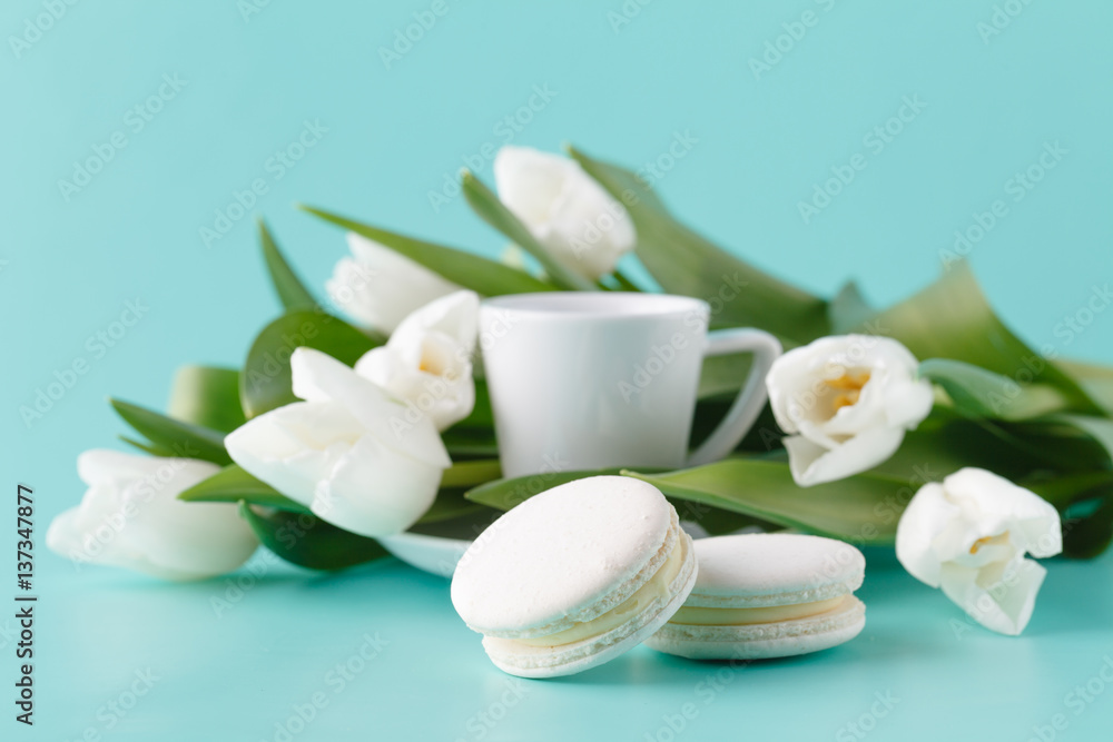 Morning romantic gift with white tulips and coffee cup Morning romantic gift with white tulips and coffee cup