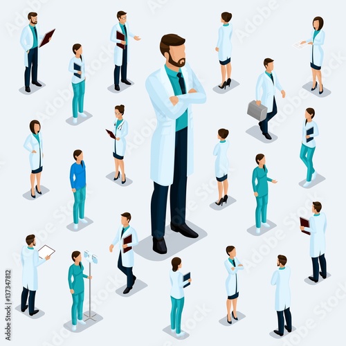 Trendy isometric people. Medical staff, hospital, doctor, nurse, surgeon. People for the front view of the visas, standing position isolated on a light background 4