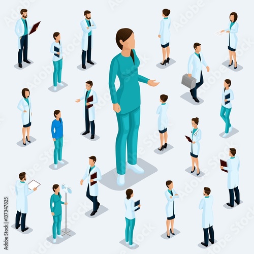 Trendy isometric people. Medical staff, hospital, doctor, surgeon. Most nurse, People for the front view of the visas, standing position isolated on a light background. Set 1
