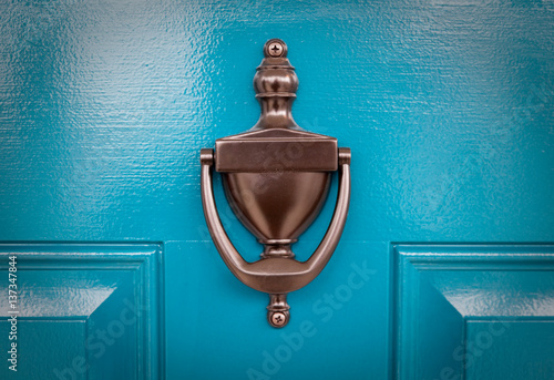 Blue Door with knocker close up. photo