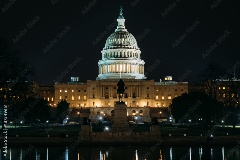 The United States Capitol at night, in Washington, DC.