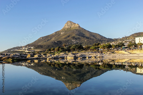 Reflection in the water of Lion’s Head Mountain in Cape Town, South Africa