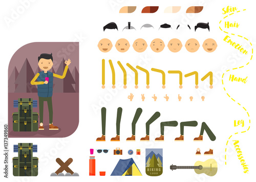 Man tourist constructor. Hiking Man with phone and backpack. Separate part of male person. Icons with different emotions on face. Various types of faces. Front view of man. Bended hands, legs.