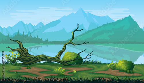 Seamless background of landscape with river, forest and mountains.