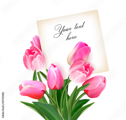 Bouquet of tulips with a card inside. Space for text. Holiday background with sheet of paper and flowers. Vector illustration.