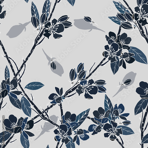 Blooming twigs. Seamless pattern. Blue tones