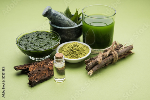 Medicinal Ayurvedic Azadirachta indica or Neem leaves in mortar and pestle with neem paste, juice and twigs, powder and oil, selective focus