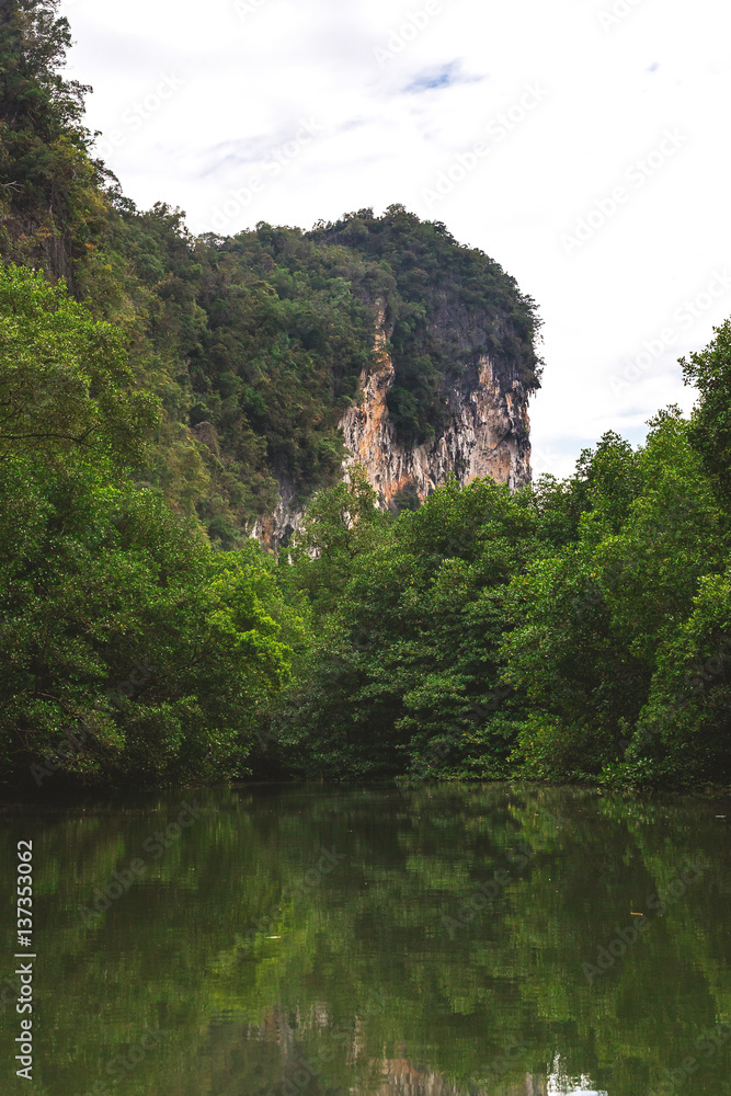 Limestone rocks surrounded by the emerald lagoon Limestone rocks surrounded by the emerald lagoon