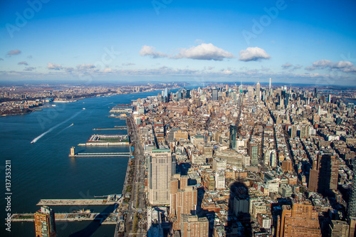 Skyline aerial view of Manhattan with skyscrapers and Hudson River - New York, USA