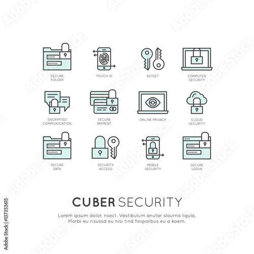 Vector Icon Style Logo Set of Cuber Security, Secure Access, Network Protection and Privacy, Isolated Linear Design
