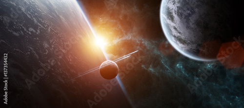 Fototapeta Naklejka Na Ścianę i Meble -  Sunrise over distant planet system in space 3D rendering elements of this image furnished by NASA