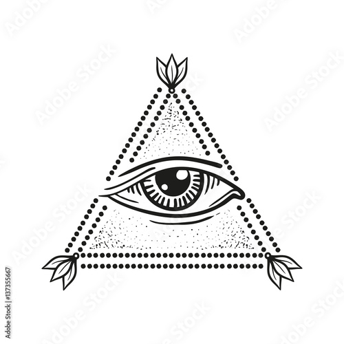 illustration of eye in the pyramid, in the style of tattoos