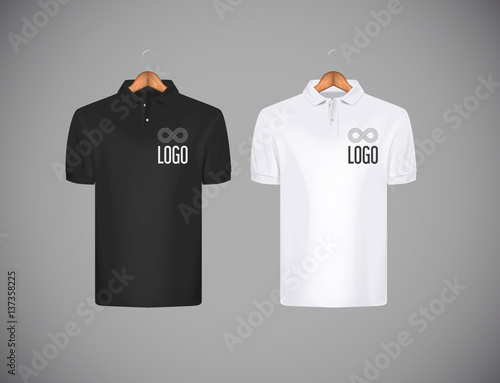 Men's slim-fitting short sleeve polo shirt with logo for advertising. Black and white polo shirt with wooden hanger isolated mock-up design template for branding. photo