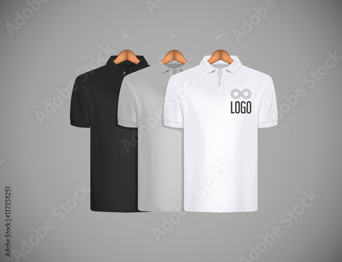 Men's slim-fitting short sleeve polo shirt with logo for advertising. Black, gray and white polo shirt collection with wooden hanger isolated mock-up design template for branding.