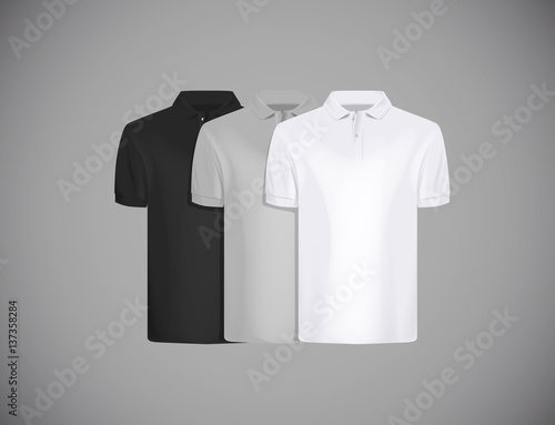 Men's slim-fitting short sleeve polo shirt  for advertising. Black, gray and white polo shirt collection isolated mock-up design template for branding.