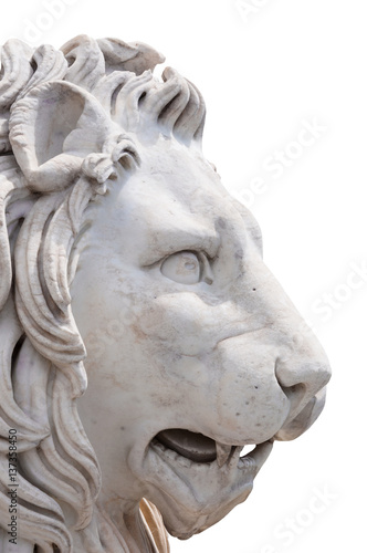 Lion's head made of marble isolated on white.