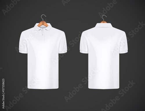 Men's slim-fitting short sleeve polo shirt. White polo shirt with wooden hanger isolated mock-up design template for branding.