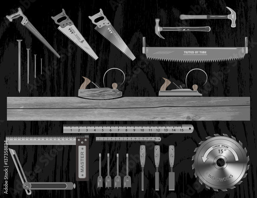 set of tools for working with wood. has a plane, hacksaw, chisel, ruler, square, drill bits , nail.