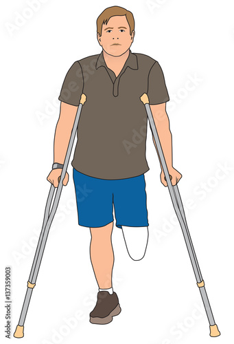 Left leg amputee is using crutches to get around