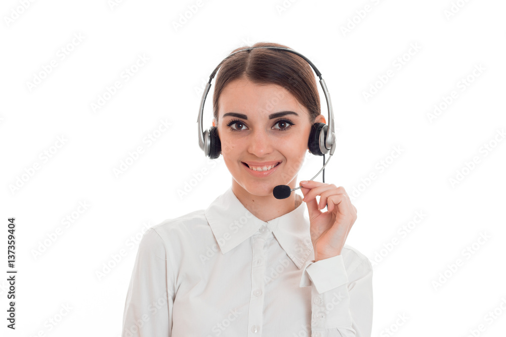 young happy business lady with headphone and microphone looking at the camera and smiling isolated on white background young happy business lady with headphone and microphone looking at the camera and smiling isolated on white background
