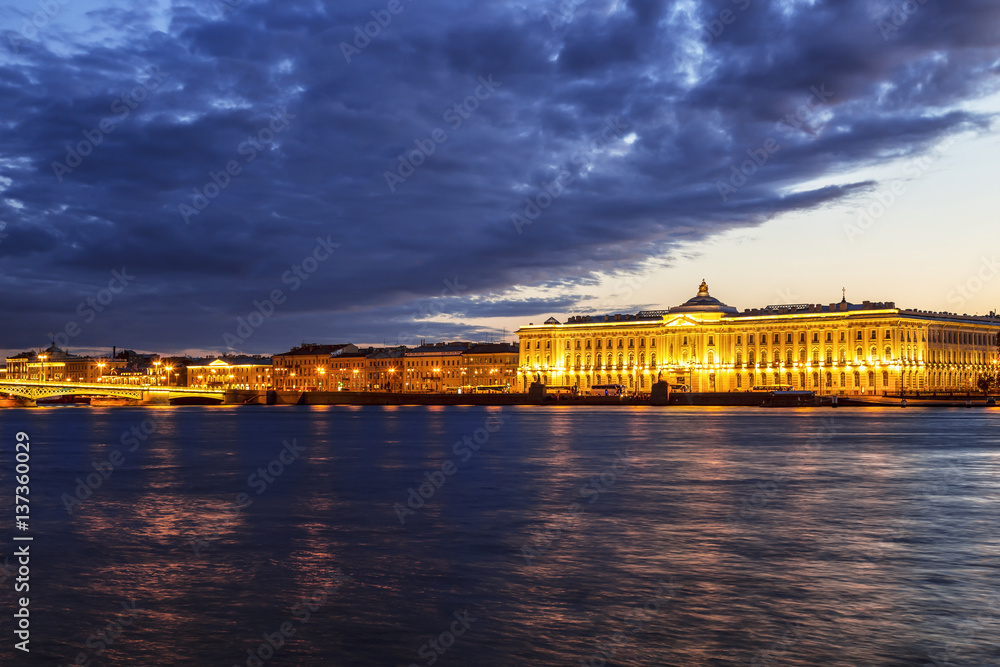 Night view of the University embankment, Saint-Petersburg, Russia