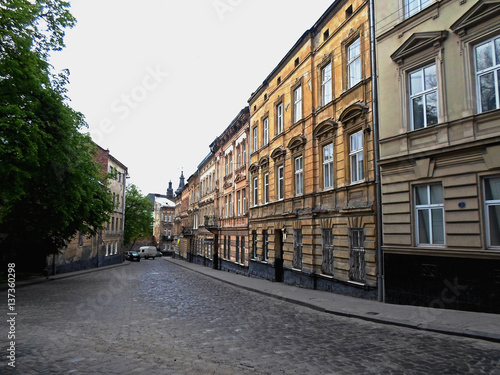 Fototapeta Naklejka Na Ścianę i Meble -  Street of old Lviv in the early morning, Ukraine - May 2016
