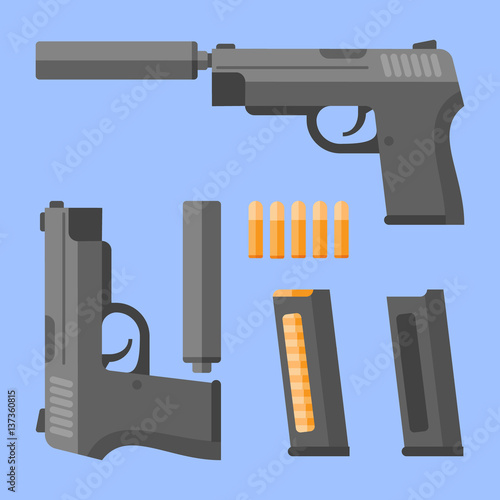 Gun with silencer, magazine and cartridges on blue background. Automatic pistol in flat style. Vector illustration.