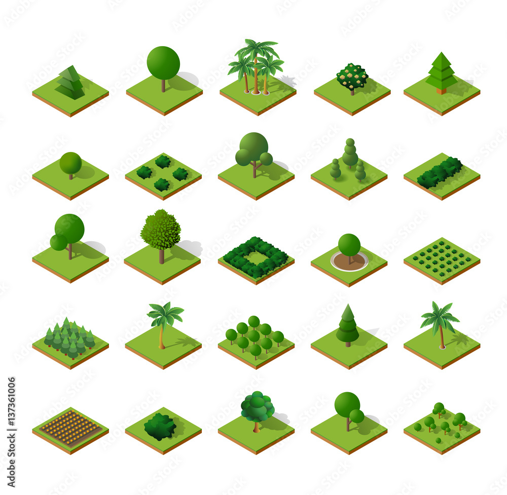 Fototapeta premium Ustawia Isometric 3d drzew natury lasowych campingowych elementów białego tło dla krajobrazowego projekta. Ilustracja wektorowa na białym tle. Ikony map miast, gier i Twojego miasta