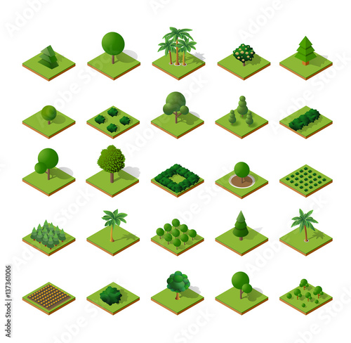 Set Isometric 3d trees forest camping nature elements white background for landscape design. Vector illustration isolated. Icons for city maps, games and your town