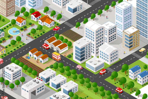 Isometric 3D building city green concept private, municipal real estate. Home collection hotel, gardens, architecture cityscape. Green tree buildings map Illustration elements set business vector game