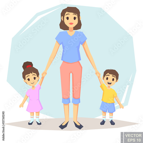 Happy family of three single mother with son daughter, posing together holding hands, , parent and children cartoon vector illustration