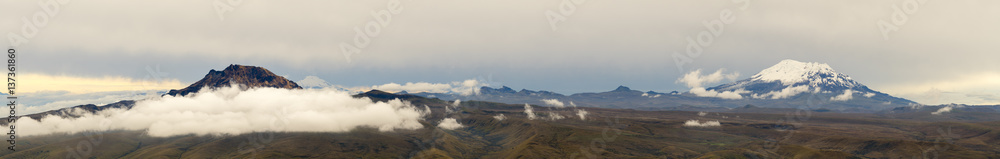 Panorama of the Andes showing Sincholagua (left) and Antisana (right) volcanoes. With Cayambe volcano in the distance behind Sincholagua. Viewed from a high point on Cotopaxi Volcano, Ecuador.