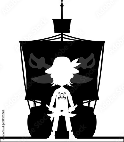 Cartoon Pirate and Sailing Ship Silhouette