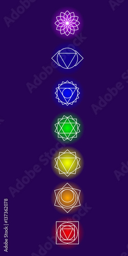 Psychoenergetic centers in the human body. Muladhara, Svadhisthana, Manipura, Anahata, visuddha, Ajna, Sahasrara. Hinduism. Buddhism. Vector illustration.