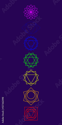 Psychoenergetic centers in the human body. Muladhara, Svadhisthana, Manipura, Anahata, visuddha, Ajna, Sahasrara. Hinduism. Buddhism. Vector illustration.