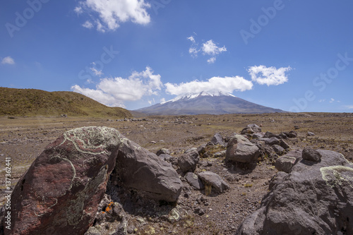 The snowcapped Cotopaxi Volcano in the Ecuadorian Andes with lichen encrusted boulders in the foreground. Vapour is rising from the crater.