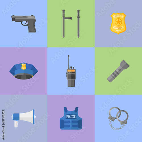 Set of police equipment, weapons flat style icons. Vector illustration.