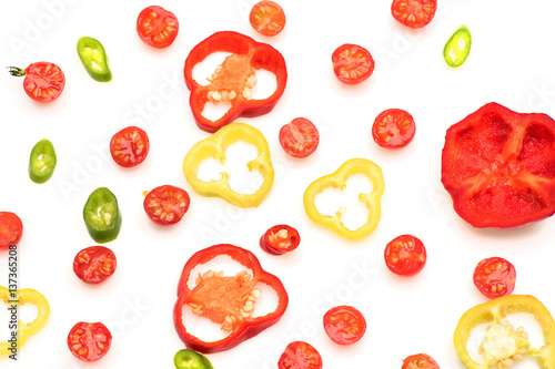 Fototapeta Naklejka Na Ścianę i Meble -  colorful vegetables, cherry tomato, capsicum, chilli pepper isolated on white