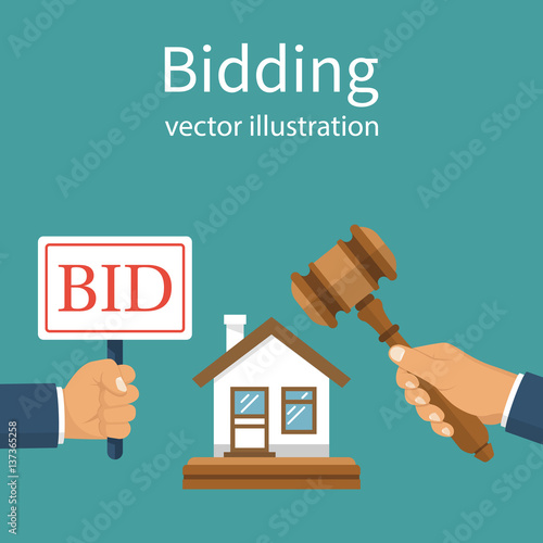 Bidding auction concept. Holding a sign Bid. Business sales. Buying selling house from auction. Auctioneer hold in hand gavel. Vector illustration flat design. Isolated on background.