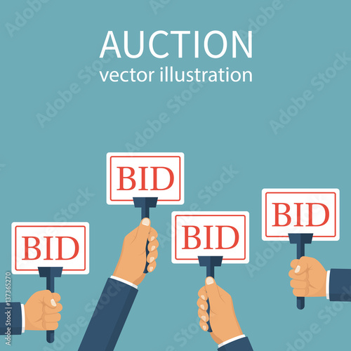 Bid sign in hand of people. Auction meeting. Business bidding process concept. Vector illustration flat design. Isolated on background. Template for open trade. Many offers good prices. Competition.