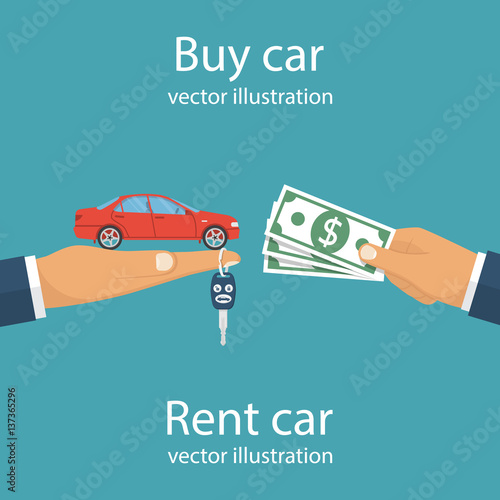Buy car, rent concept. Vector illustration flat design. Isolated on background. Man trading agent holds in palm of car and key on finger, buyer client with money in hand. Best offer on the car price.