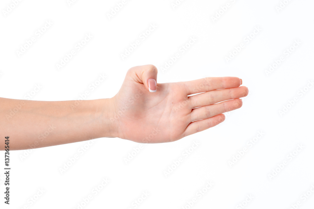 female hand outstretched to the side and showing the Palm of your  isolated on white background
