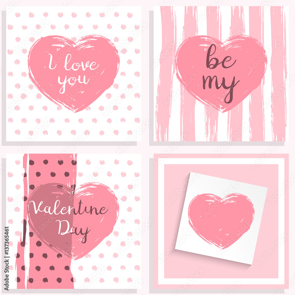 Valentine's day card. Collection pink heart drawing painted brush strokes, text. Element design, poster, congratulations, recognition. Vector illustration grunge style. Isolated on white background.