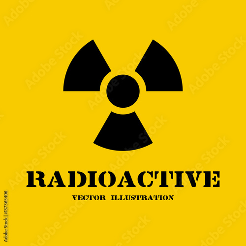 Radioactive symbol isolated on yellow background. Radiation sign for websites and print. Black icon. Template banner for papers, a place for text. Contamination. Vector illustration flat design.