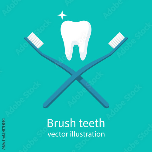 Healthy tooth between two cross toothbrushes. Brush teeth. Dentistry symbol. Vector illustration flat design. Isolated on white background. Sign of good oral hygiene.