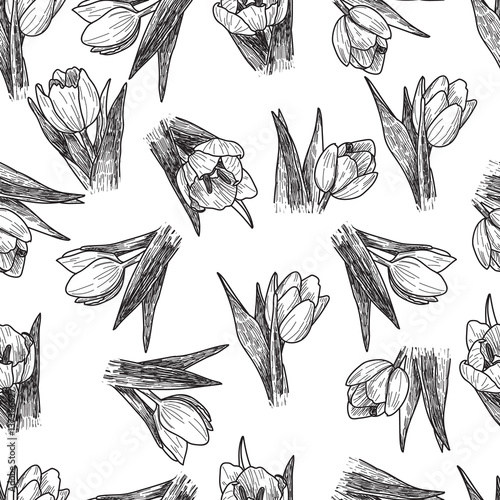 Vector Spring flowers. Floral seamless pattern. Vintage background with Hand Drawn Tulips. Ink pen drawing