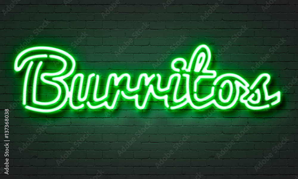 Burritos neon sign on brick wall background.
